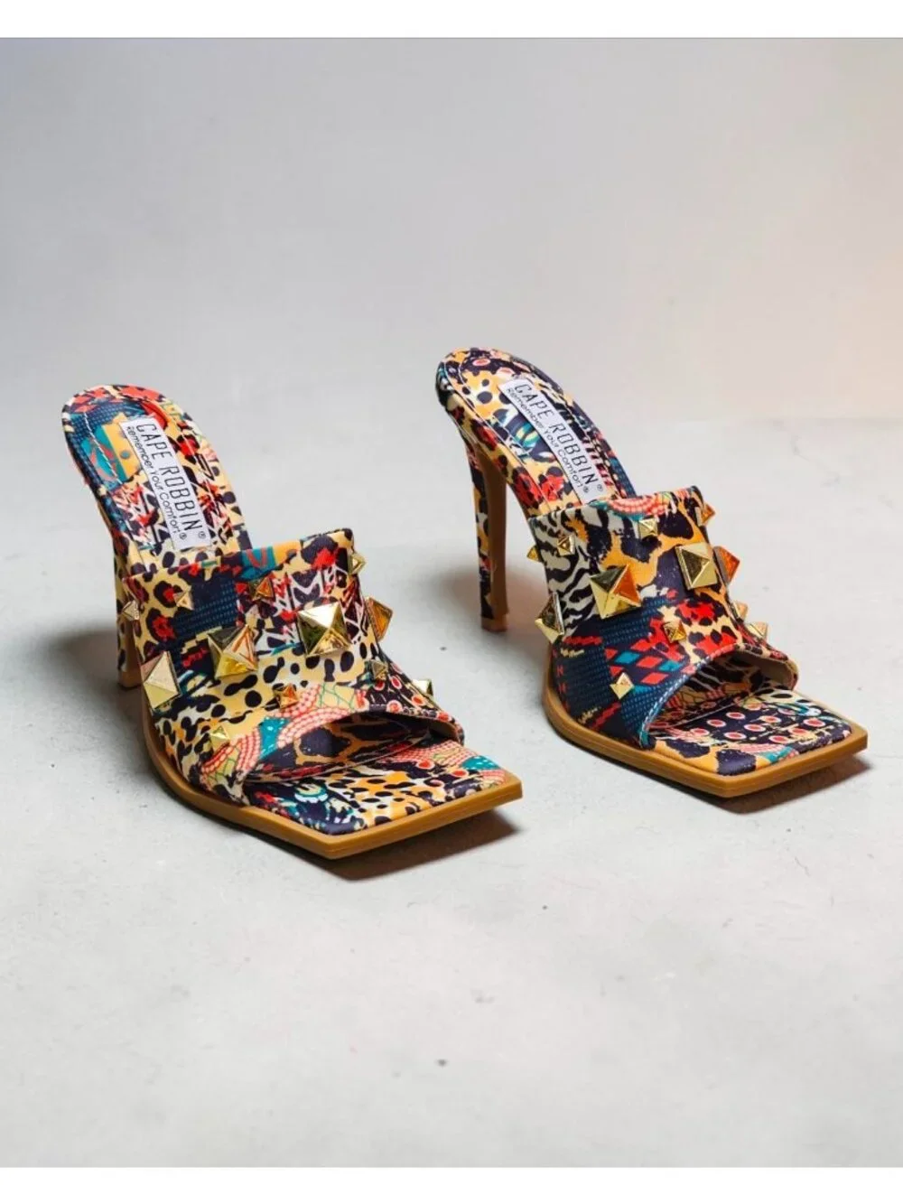 Cape Robbin Gold Studded Multicolor Printed High Heel Mules With Open Toe Womens - Picture 8 of 14